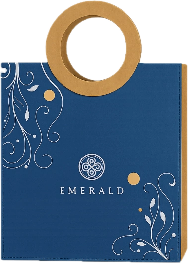 A navy carry bag with a round gold ring handle, made for Emerald