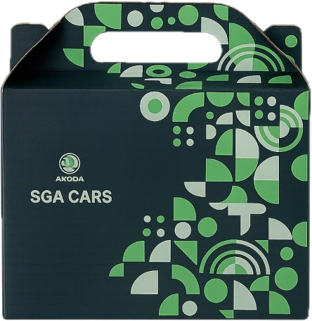 A dark green die-cut gable box printed for SGA Cars