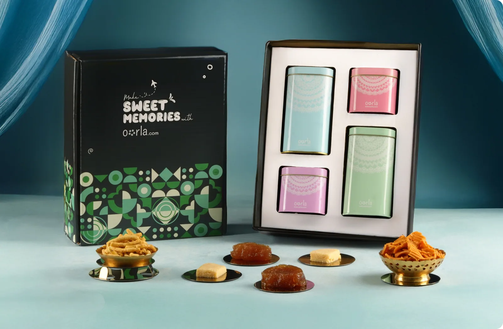 Flavours of Joy: 6 pastel tins, Geometric print box, Desk-friendly size.