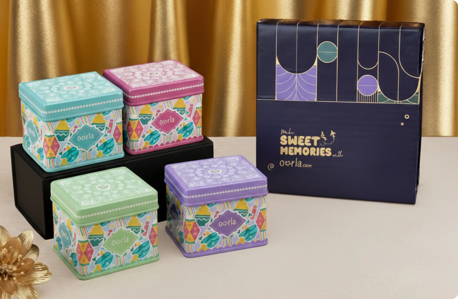 Diwali Bites: 4 stacking tins, Navy sleeve box, Scales to 5,000+.