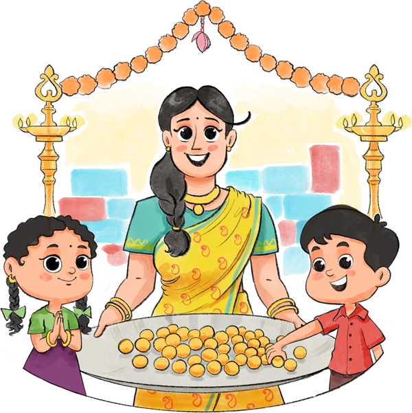 Oorla's illustrated family — a mother in a yellow saree with two children — offering a tray of laddus under a marigold toran