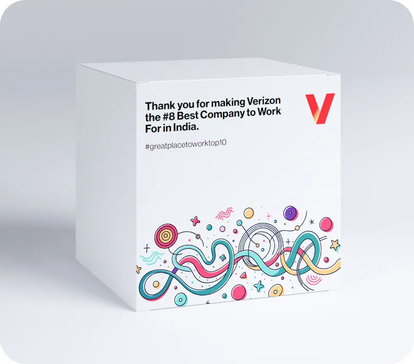 A white gift box printed with the Verizon logo and the line "Thank you for making Verizon the #8 Best Company to Work For in India"